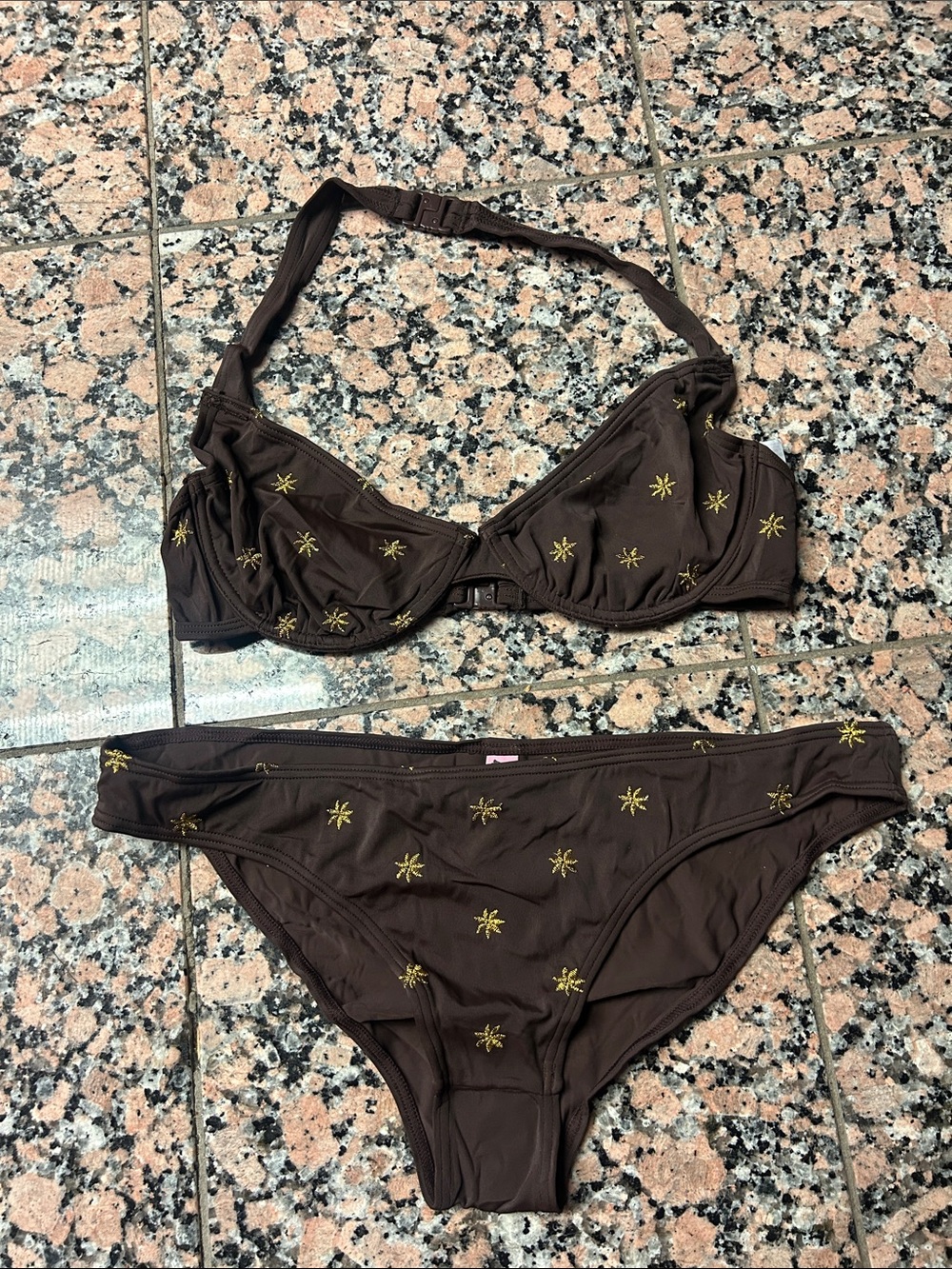 Brown Embroidered Underwire Bikini Set - Women Swim